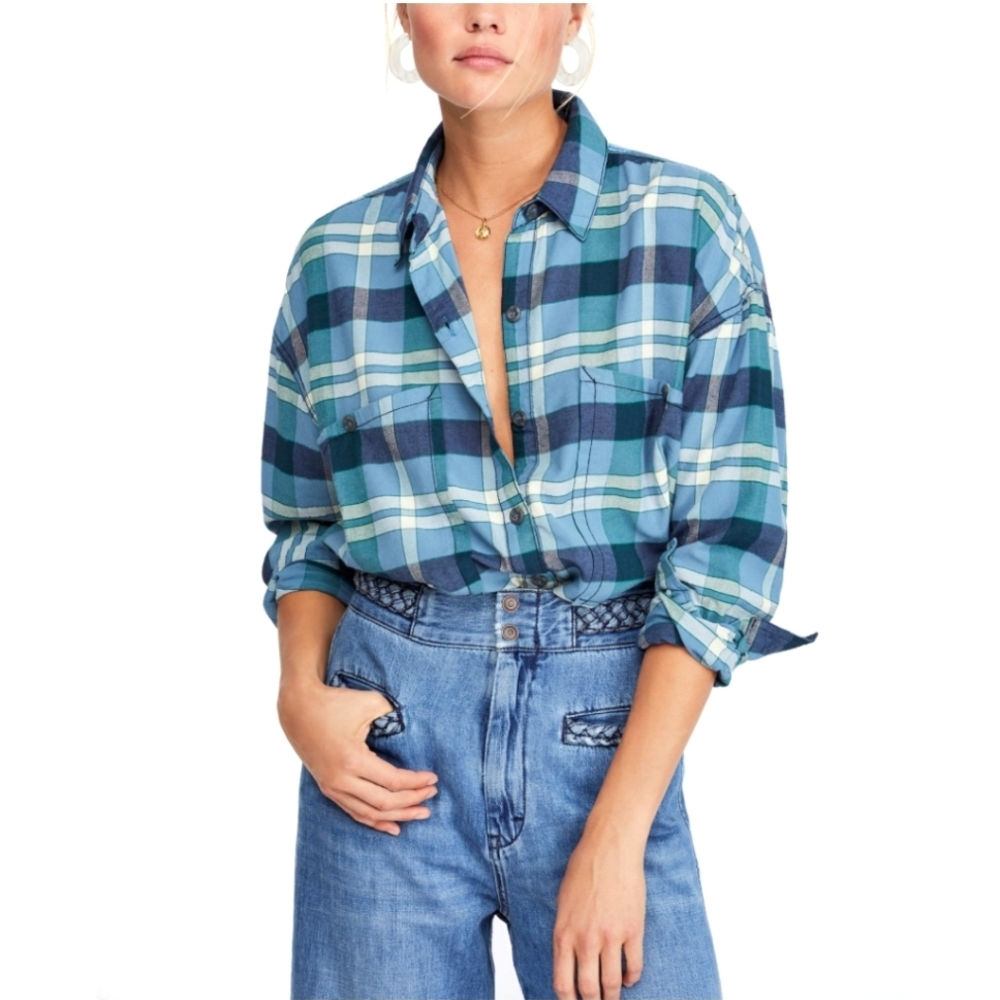 Free people Loveland winter sea   blue plaid longsleeves shirt  button up medium